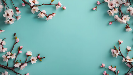 Obraz na płótnie Canvas Beautiful Turquoise blue background with spring cherry blossom branches, top view, flat lay, frame. Creative springtime layout