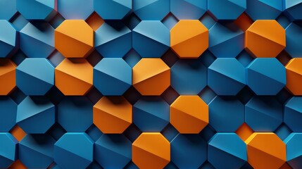Fototapeta na wymiar Blue and orange hexagons background pattern 3D rendering hyper realistic 