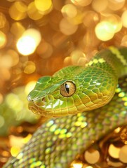 Fototapeta premium green snake on a background of gold sequins with space for text.