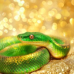 Naklejka premium green snake on a background of gold sequins with space for text.