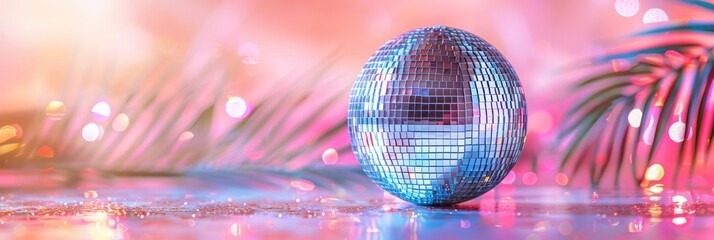Emoji-Themed Tropical Disco Ball on Pink Retro '80s Style Background for World Emoji Day Celebration