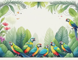 Illustrated Border of Parrots in Lush Green Jungle AI