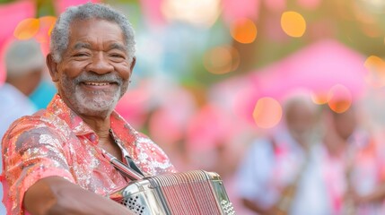 Elderly Caribbean Man Playing Accordion at Outdoor World Folklore Day Celebration with Diverse Musicians and Colorful Flags