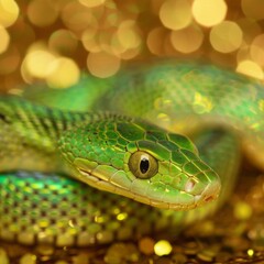 green snake on a background of gold sequins with space for text.