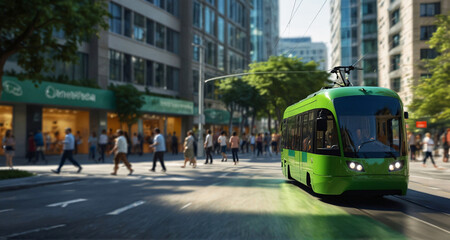 Obraz premium Electric green tram driving in green city downtown, motion blur. Eco friendly sustainable public transport