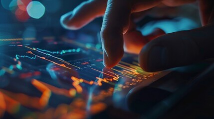 Close-up of a hand interacting with financial graphs on a digital tablet, symbolizing business analysis. hyper realistic 