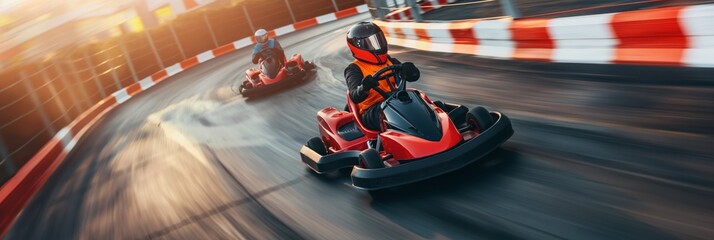 An adrenaline-fueled image capturing the speed and excitement of a go-kart racer zooming around the track, helmet visible