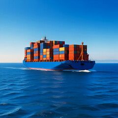 Large container cargo ship transports cargo to the blue sea