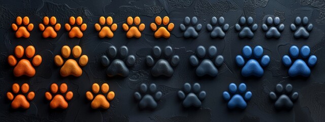 Vibrant Array of Orange, Blue, and Grey Paw Prints on Textured Black Background