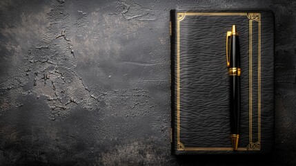 Elegant Black Notebook with Golden Pen on Textured Dark Background, copy space