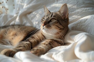 Cute tabby cat lying on bed at home, closeup