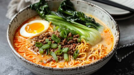 A plate of ramen with creamy orange broth, ground beef, bok choy and egg in the style of 