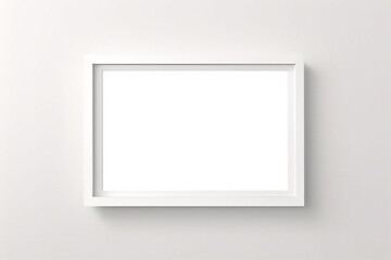 Minimales, leeres, quadratisches Bild mit weißem Rahmen, das auf einem weißen Wandhintergrund mit Fensterlicht und Schatten hängt. Bild isolieren