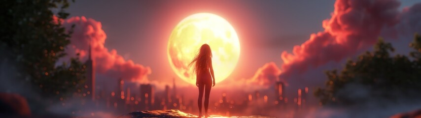 panoramic background for double screen or banner of a woman stands in front of a large yellow moon. The sky is filled with clouds and the woman is looking up at the moon