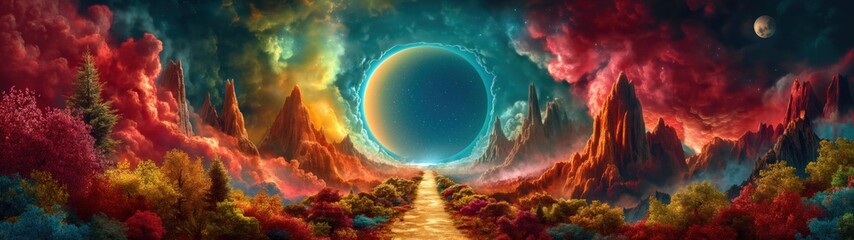 panoramic background for double screen or banner of a colorful painting of a landscape with a large, glowing circle in the middle