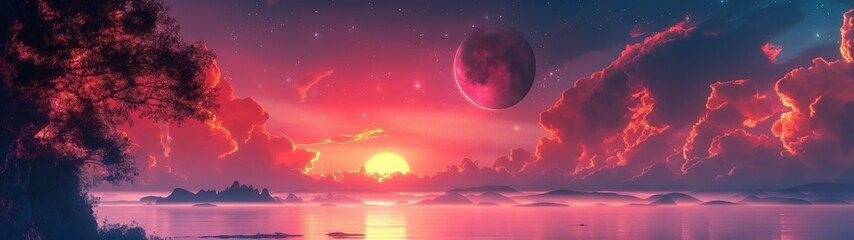panoramic background for double screen or banner of a beautiful sunset with a large red moon in the sky. The sky is filled with clouds and the water is calm