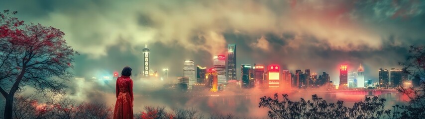 panoramic background for double screen or banner of a woman stands on a hill overlooking a city with fog and smoke in the background. The city is lit up with neon signs and the woman is wearing a red 