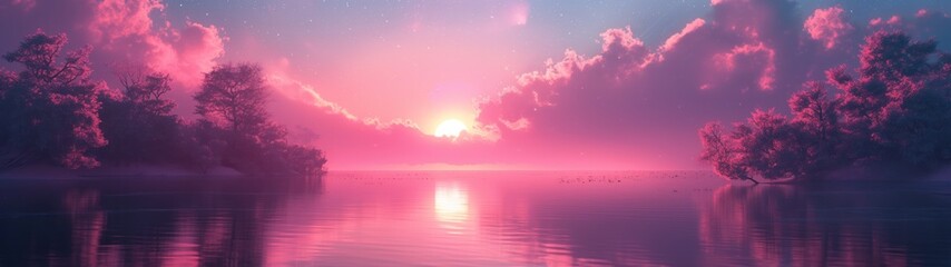 panoramic background for double screen or banner of a beautiful pink sky with a sun setting over a lake