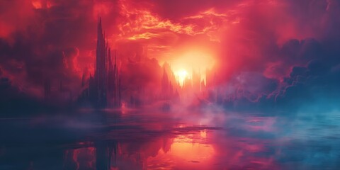 panoramic background for double screen or banner of a red and orange sky with a large castle in the background. The castle is surrounded by a foggy mist