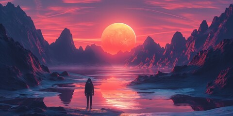 panoramic background for double screen or banner of a man stands on a beach in front of a large red moon. The sky is a deep purple and the mountains in the background are covered in red rocks