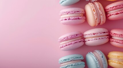 Delicate macarons in pastel hues arranged in a delightful gradient against a soft pink background