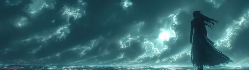 panoramic background for double screen or banner of a woman stands on a beach at night, looking out at the ocean. The sky is cloudy and the water is dark