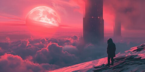panoramic background for double screen or banner of a man is standing on a snowy mountain, looking up at a large red moon