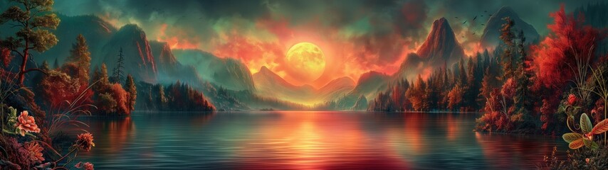 panoramic background for double screen or banner of a beautiful landscape with a large red moon in the sky. The sky is filled with clouds and the sun is setting