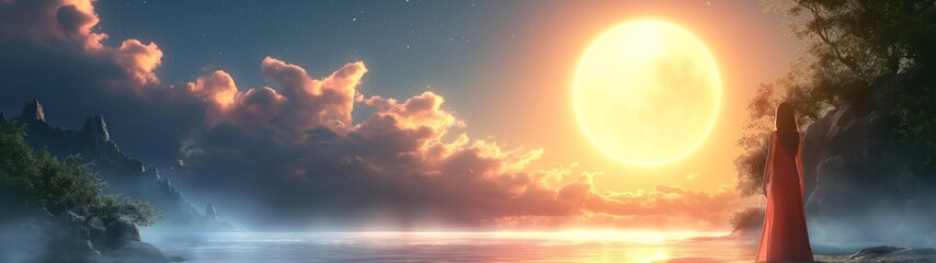panoramic background for double screen or banner of a woman stands on a beach at sunset, looking out at the ocean. The sky is filled with clouds, creating a moody atmosphere