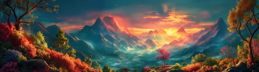 panoramic background for double screen or banner of a beautiful landscape with mountains and a sunset. The sky is filled with a warm orange glow, and the mountains are covered in trees