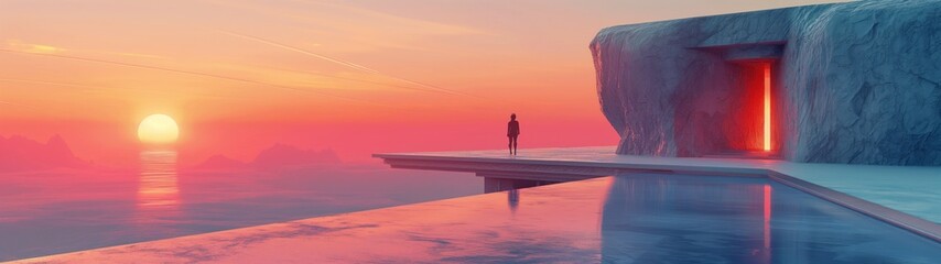 panoramic background for double screen or banner of a man stands on a ledge overlooking a body of water. The sky is a beautiful mix of pink and orange hues