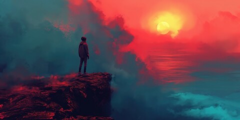 panoramic background for double screen or banner of a man stands on a cliff overlooking a body of water with a red and orange sunset in the background