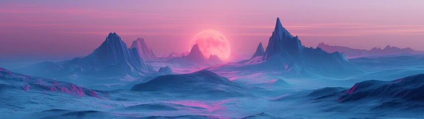 panoramic background for double screen or banner of a beautiful landscape with a large red moon in the sky. The sky is a mix of pink and purple hues, creating a serene and peaceful atmosphere