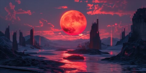 panoramic background for double screen or banner of a red moon is in the sky above a desolate landscape. The sky is filled with clouds and the moon is the only bright object in the scene