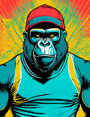 Digital illustration of an urban-style gorilla in vibrant colors, pop art style, decorative illustration for a modern room