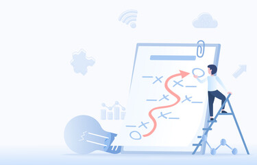 Business ideas and KPI strategy concept. Tactical planning, management, improvement, development, creativity, thinking, competition and opportunity to achieve success. Flat vector design illustration.