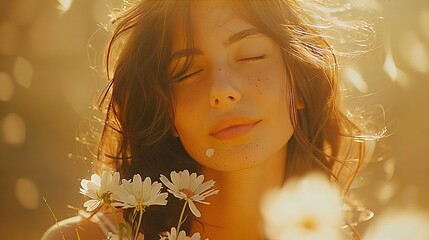   A close-up of a person amidst a sea of vibrant flowers, with a soft, hazy backdrop of more flowers