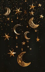 Enchanting Golden Moons and Stars Hanging on a Dark Background - Decorative Celestial Elements