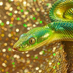 Fototapeta premium green snake on a background of gold sequins with space for text.
