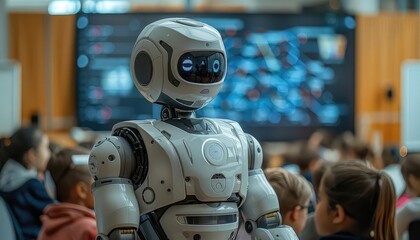 Fototapeta premium An advanced humanoid robot stands in a classroom, facing a group of children