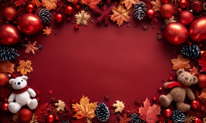 Fototapeta premium Festive Christmas Background with Decorations, Ornaments, and Teddy Bears on Red Surface, copy space