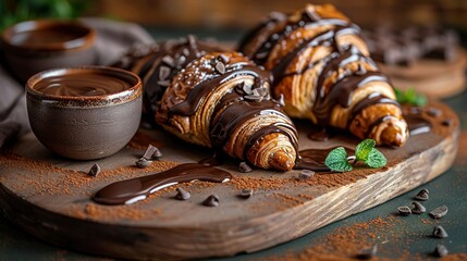   Chocolate croissants drizzled with chocolate on a cutting board with a cup of coffee nearby