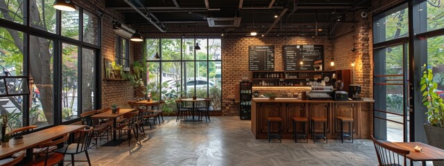 Modern Industrial Coffee Shop Interior with Exposed Brick and Natural Light