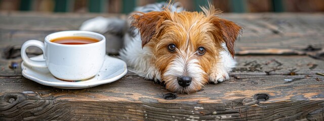 Adorable Jack Russell Terrier Lying Next to a Cup of Tea on Wooden Deck - Powered by Adobe