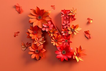 3D Render Letter N with Engraved Flowers on Orange Background
