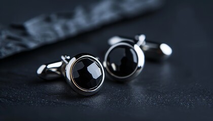Stylish men s cufflinks with black stone on dark background men s fashion accessories close up