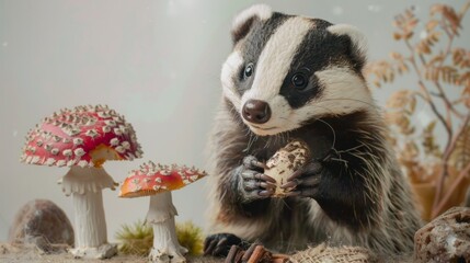 A charming fluffy badger with a fungus in his hands. An illustration with a place for the text.