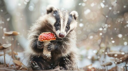 A charming fluffy badger with a fungus in his hands. An illustration with a place for the text.