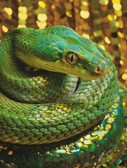 Fototapeta premium green snake on a background of gold sequins with space for text.