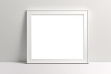 Minimales, leeres, quadratisches Bild mit weißem Rahmen, das auf einem weißen Wandhintergrund mit Fensterlicht und Schatten hängt. Bild isolieren
